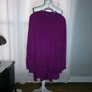 EILEEN FISHER Long Sleeve Hidden Button-UP Front Cranberry Hi Lo Silk Tunic XL